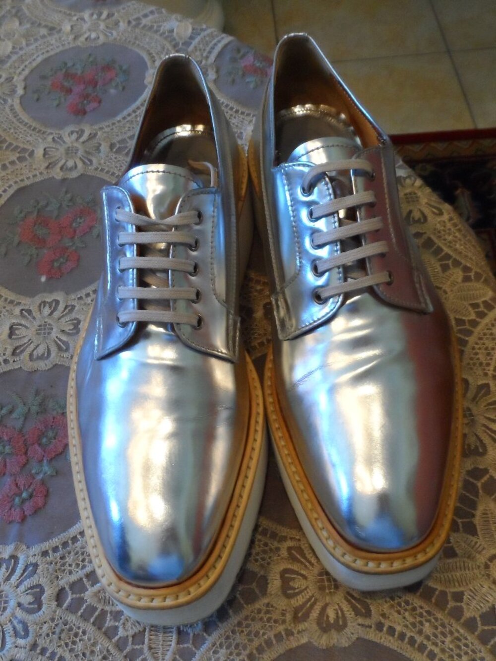 Prada Silver Metallic Patent Leather Platform Oxfords Size 40